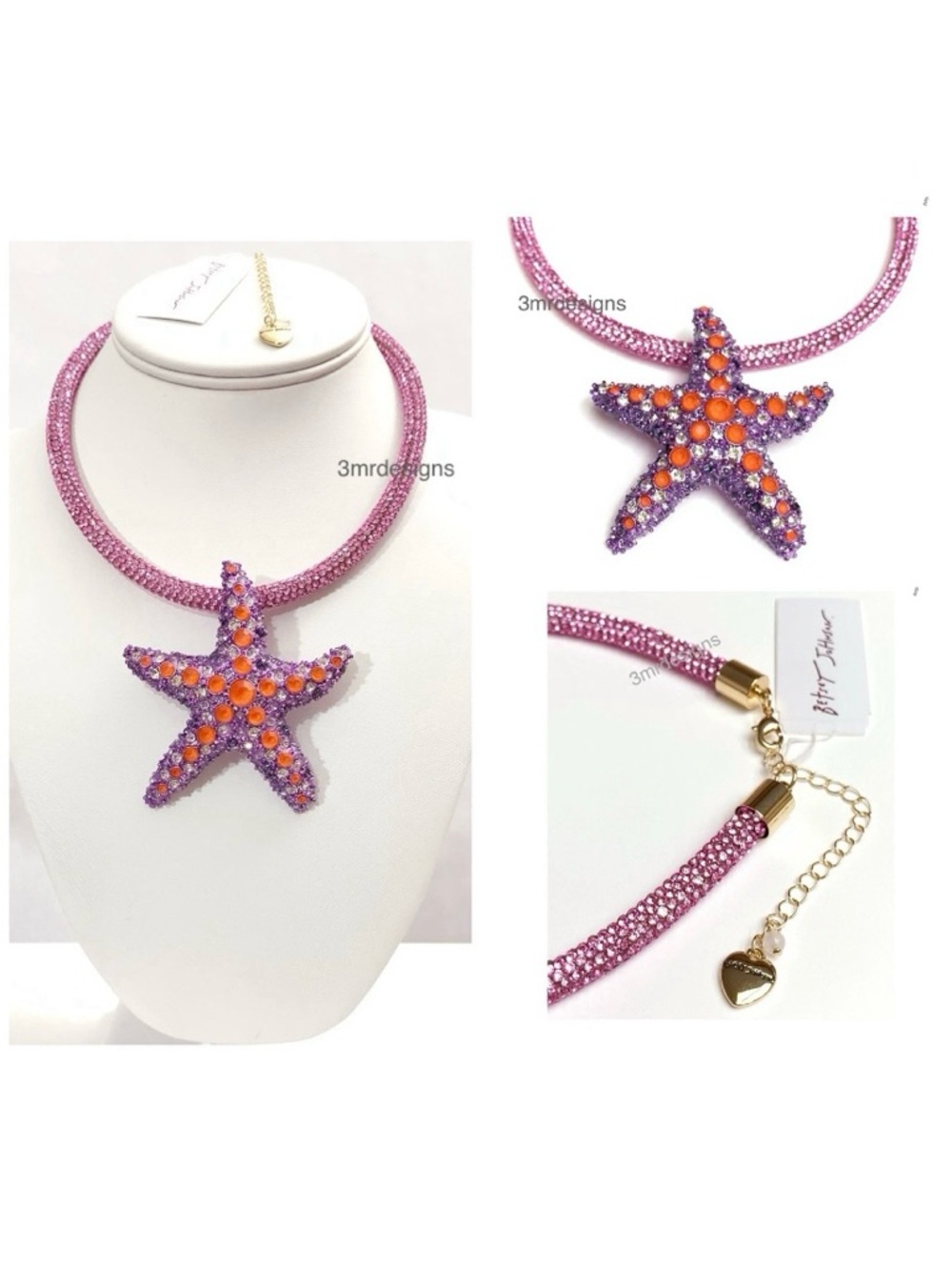 NWT Betsey Johnson💋JEWELS STARFISH Gold/Purple Tone Glass Crystals Rope Necklace